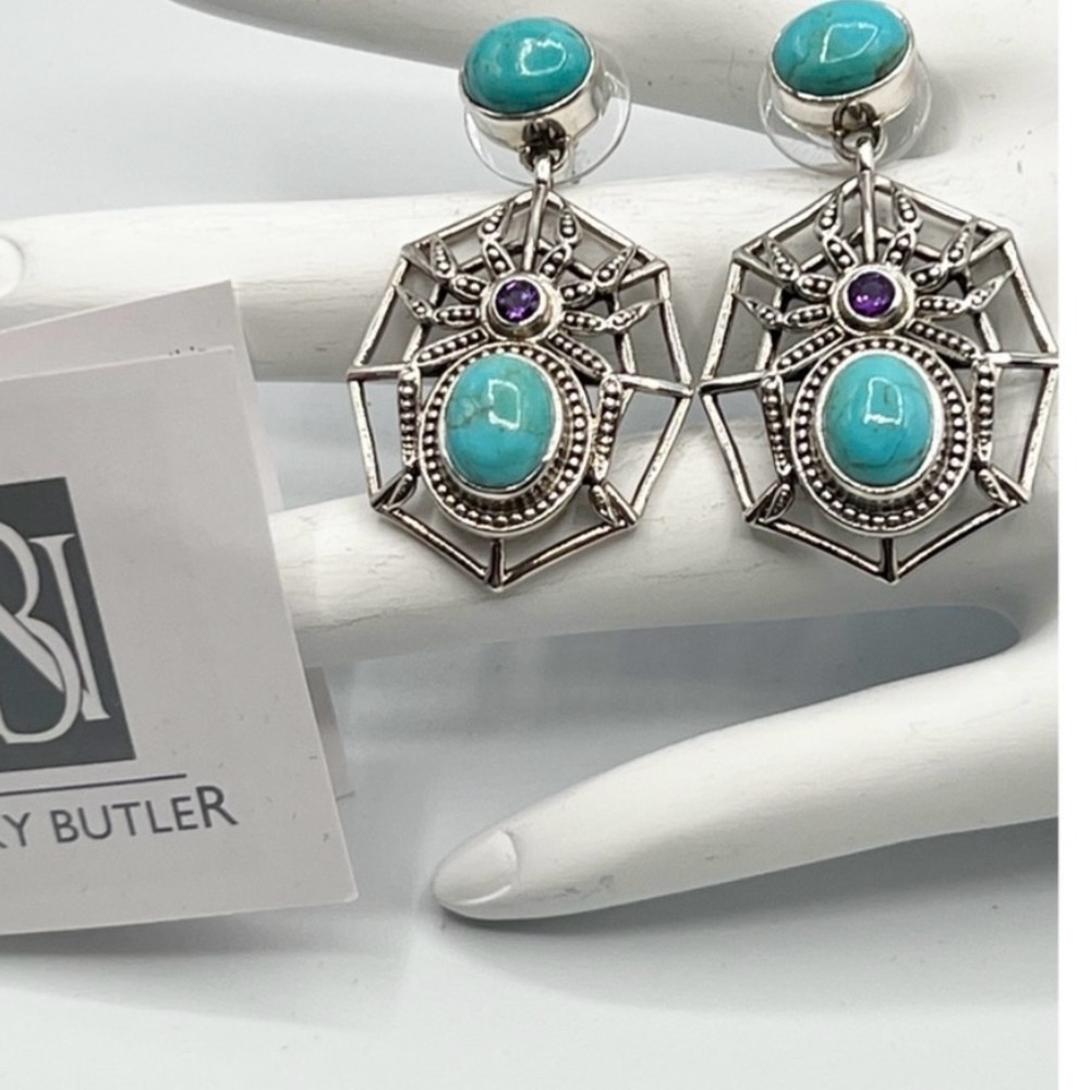 🎃NICKY BUTLER 925 Sterling Silver Turquoise Amethyst Spider Earrings BRAND NEW